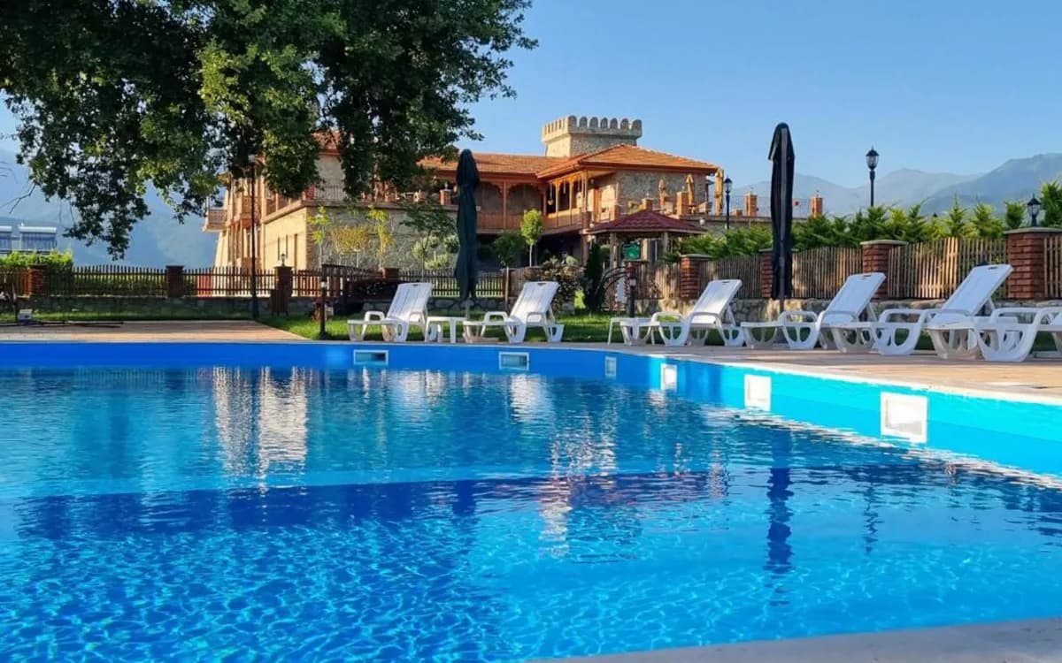 Pool und Château Davitiani zwischen Bäumen in Shilda
